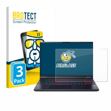 Front side of a product packaging with the brand logo BROTECT. Next to it is the device Acer Predator Helios Neo 16 AI shown w