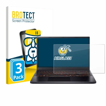 Front side of a product packaging with the brand logo BROTECT. Next to it is the device Acer Nitro V 15 shown with the corresp