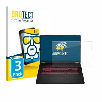 Front side of a product packaging with the brand logo BROTECT. Next to it is the device ASUS TUF Gaming A18 2025 shown with th