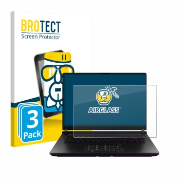 Front side of a product packaging with the brand logo BROTECT. Next to it is the device ASUS ROG Strix SCAR 18 2025 shown with