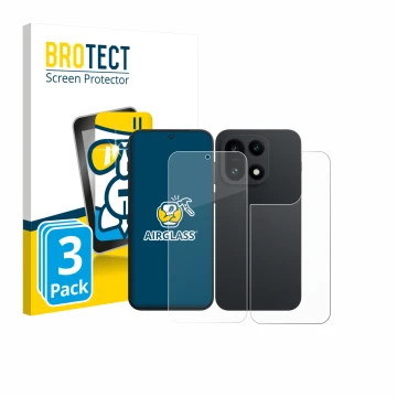 Front side of a product packaging with the brand logo BROTECT. Next to it is the device OnePlus 15 (Front+Back) shown with the