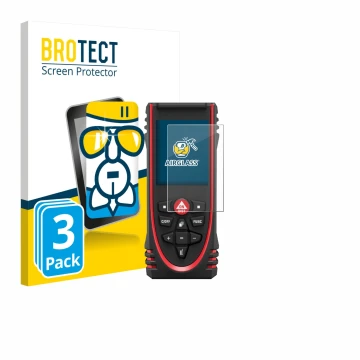 Front side of a product packaging with the brand logo BROTECT. Next to it is the device Leica DISTO X3 shown with the correspo