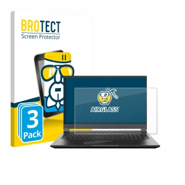 Front side of a product packaging with the brand logo BROTECT. Next to it is the device Gigabyte AORUS 17 2024 shown with the 