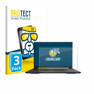 Front side of a product packaging with the brand logo BROTECT. Next to it is the device Gigabyte AERO X16 2025 shown with the 