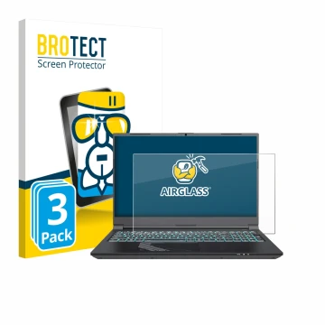 Front side of a product packaging with the brand logo BROTECT. Next to it is the device Gigabyte G5 2024 shown with the corres