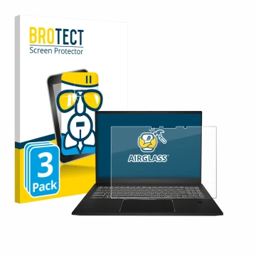 Front side of a product packaging with the brand logo BROTECT. Next to it is the device MSI Summit A16 AI+ shown with the corr