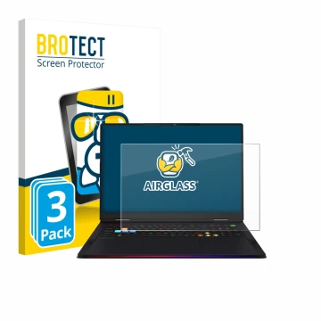 Front side of a product packaging with the brand logo BROTECT. Next to it is the device MSI Raider A18 HX shown with the corre