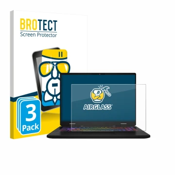Front side of a product packaging with the brand logo BROTECT. Next to it is the device MSI Vector 16 HX AI shown with the cor