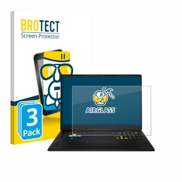 Front side of a product packaging with the brand logo BROTECT. Next to it is the device MSI Vector A18 HX 2025 shown with the 