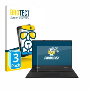 Front side of a product packaging with the brand logo BROTECT. Next to it is the device MSI Titan 18 HX AI 2025 shown with the