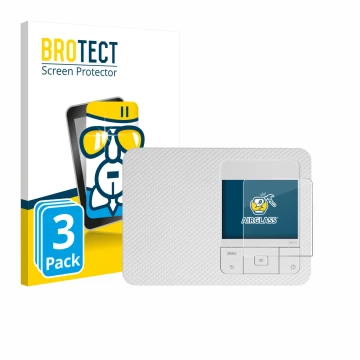 Front side of a product packaging with the brand logo BROTECT. Next to it is the device Canon Selphy CP1500 Mini shown with th
