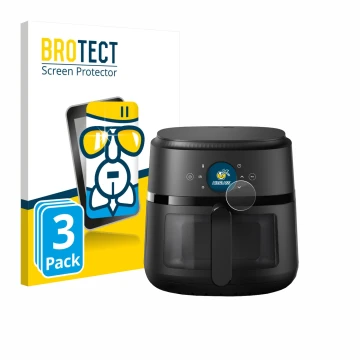 Front side of a product packaging with the brand logo BROTECT. Next to it is the device Philips Airfryer 2000 Gen 2 6,2L shown