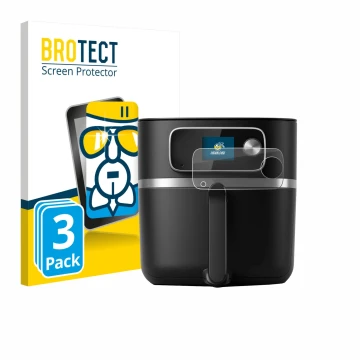 Front side of a product packaging with the brand logo BROTECT. Next to it is the device Philips Airfryer HD9880/90 shown with 