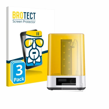 Front side of a product packaging with the brand logo BROTECT. Next to it is the device Anycubic Wash & Cure 3 shown with the 