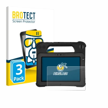 Front side of a product packaging with the brand logo BROTECT. Next to it is the device Zebra XPad L10ax shown with the corres