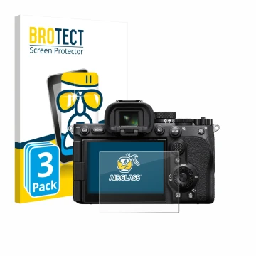Front side of a product packaging with the brand logo BROTECT. Next to it is the device Sony Alpha 7 V (ILCE-7M5) shown with t