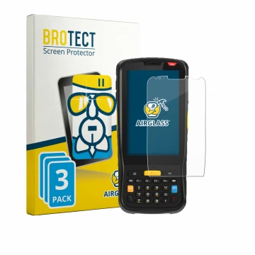 Front side of a product packaging with the brand logo BROTECT. Next to it is the device Newland MT65 Beluga V shown with the c