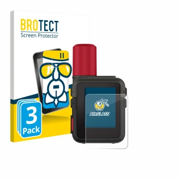 Front side of a product packaging with the brand logo BROTECT. Next to it is the device Garmin inReach Mini 3 Plus shown with 