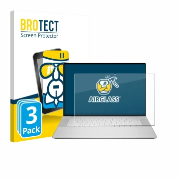 Front side of a product packaging with the brand logo BROTECT. Next to it is the device Dell 16 Premium Laptop shown with the 