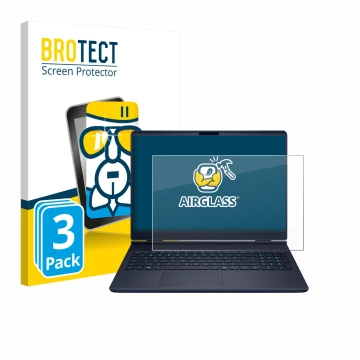 Front side of a product packaging with the brand logo BROTECT. Next to it is the device Dell Alienware 16X shown with the corr