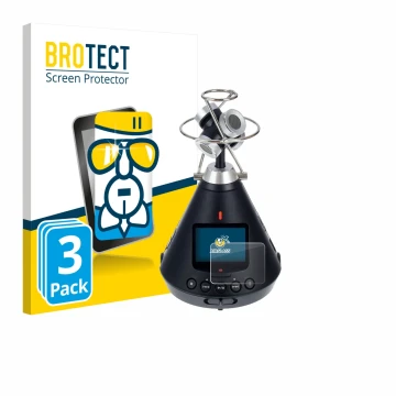 Front side of a product packaging with the brand logo BROTECT. Next to it is the device Zoom H3-VR shown with the correspondin