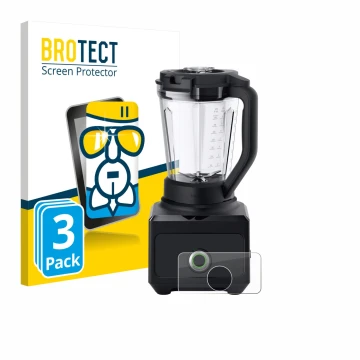 Front side of a product packaging with the brand logo BROTECT. Next to it is the device Braun PowerBlend 9 shown with the corr