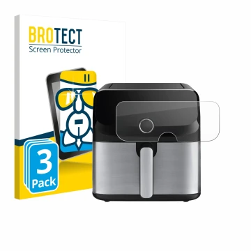 Front side of a product packaging with the brand logo BROTECT. Next to it is the device Tefal Easy Fry Mega shown with the cor