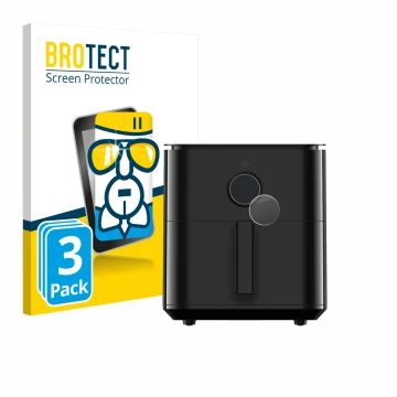 Front side of a product packaging with the brand logo BROTECT. Next to it is the device Xiaomi Air Fryer 6.5 L shown with the 