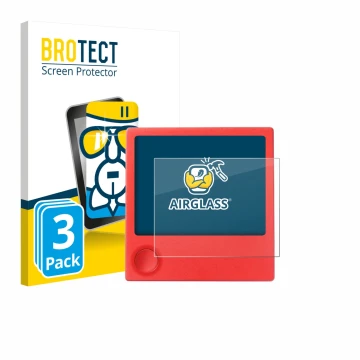 Front side of a product packaging with the brand logo BROTECT. Next to it is the device PicPak E-Ink Display shown with the co