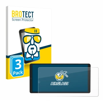 Front side of a product packaging with the brand logo BROTECT. Next to it is the device Shelly Wall Display X2 shown with the 
