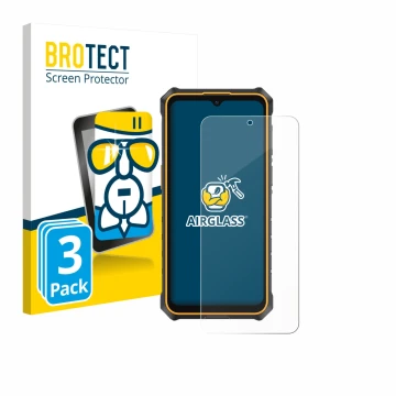 Front side of a product packaging with the brand logo BROTECT. Next to it is the device Ulefone RugKing 3 Pro shown with the c