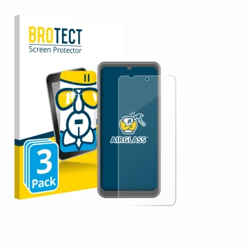 Front side of a product packaging with the brand logo BROTECT. Next to it is the device Sonim XP Pro Thermal shown with the co