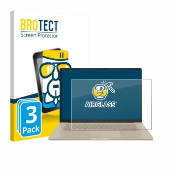 Front side of a product packaging with the brand logo BROTECT. Next to it is the device ASUS ZenBook A16 UX3607 shown with the