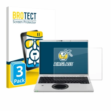 Front side of a product packaging with the brand logo BROTECT. Next to it is the device Panasonic CF-FV3 shown with the corres