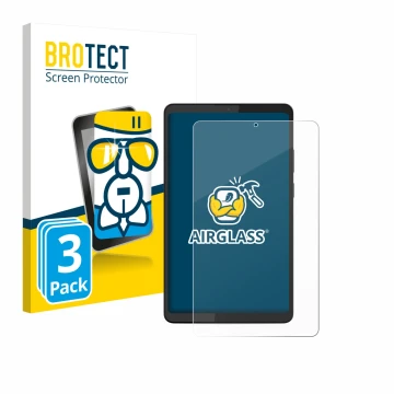 Front side of a product packaging with the brand logo BROTECT. Next to it is the device Lenovo Tab K9 shown with the correspon