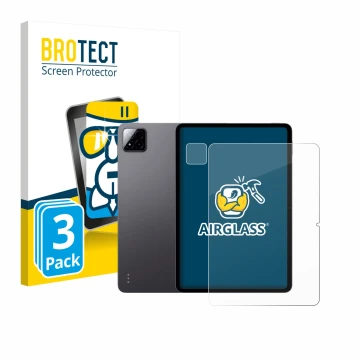 Front side of a product packaging with the brand logo BROTECT. Next to it is the device Xiaomi Pad 7 (Front+Camera) shown with