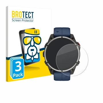 Front side of a product packaging with the brand logo BROTECT. Next to it is the device Garmin quatix 8 Pro (47 mm) shown with