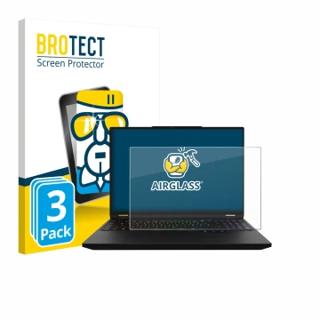 Front side of a product packaging with the brand logo BROTECT. Next to it is the device XMG Apex 16 Max shown with the corresp