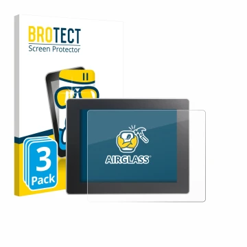 Front side of a product packaging with the brand logo BROTECT. Next to it is the device Weintek cMT3092X shown with the corres