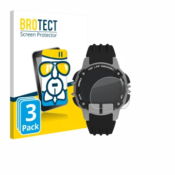 Front side of a product packaging with the brand logo BROTECT. Next to it is the device Timex Ironman TW5M63200 shown with the