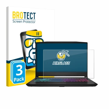 Front side of a product packaging with the brand logo BROTECT. Next to it is the device MSI Katana 15 HX B14 shown with the co
