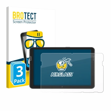 Front side of a product packaging with the brand logo BROTECT. Next to it is the device Zebra ET401 10.1