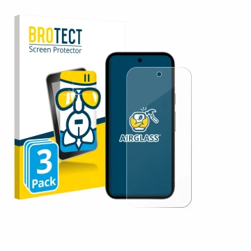 Front side of a product packaging with the brand logo BROTECT. Next to it is the device Google Pixel 10a shown with the corres