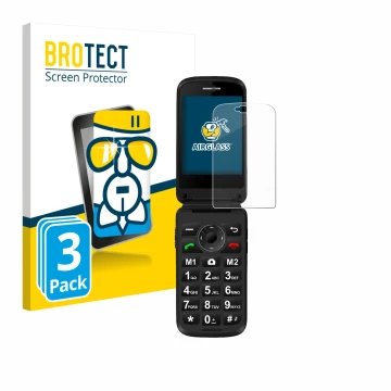 Front side of a product packaging with the brand logo BROTECT. Next to it is the device Simvalley Mobile XL-970 shown with the