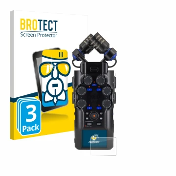 Front side of a product packaging with the brand logo BROTECT. Next to it is the device Zoom H6 studio shown with the correspo