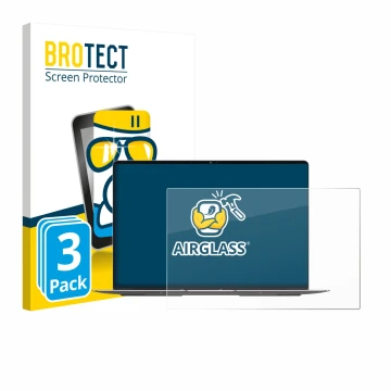 Front side of a product packaging with the brand logo BROTECT. Next to it is the device Geekom GeekBook X14 Pro shown with the