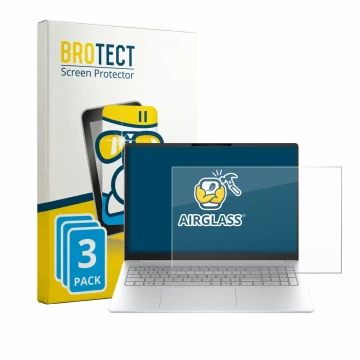 Front side of a product packaging with the brand logo BROTECT. Next to it is the device HP OmniBook 3 16 16-bw0750ng shown wit