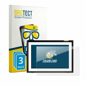 Front side of a product packaging with the brand logo BROTECT. Next to it is the device Nixplay Klassischer 10.1