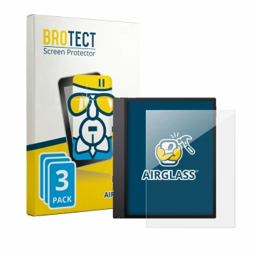 Front side of a product packaging with the brand logo BROTECT. Next to it is the device Boox Note Air 6 C shown with the corre