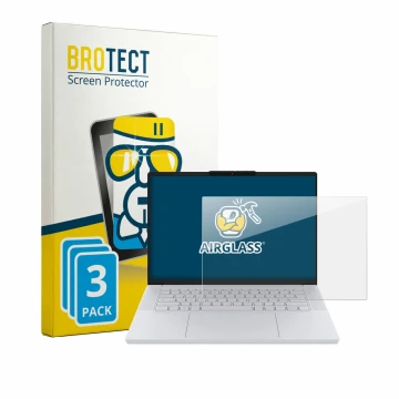 Front side of a product packaging with the brand logo BROTECT. Next to it is the device Lenovo Googlebook 15 shown with the co